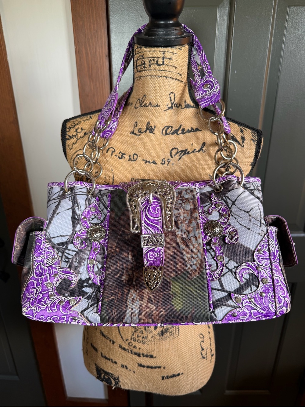 Purple Floral/Camo Concealed Carry Western Buckle Multiple pocket purse.